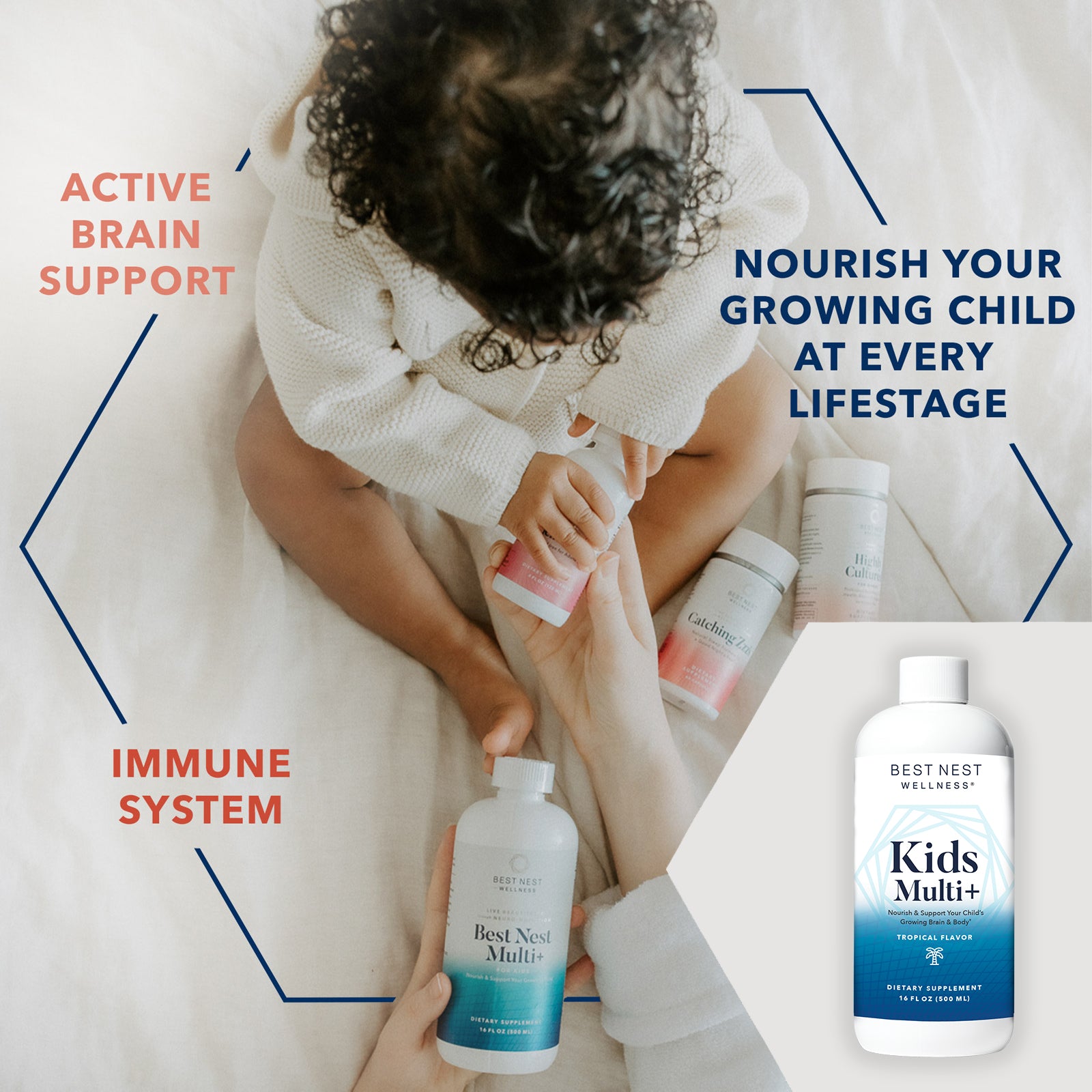 Child holding bottles of Kids Multi+ Tropical liquid multivitamin, promoting brain health.